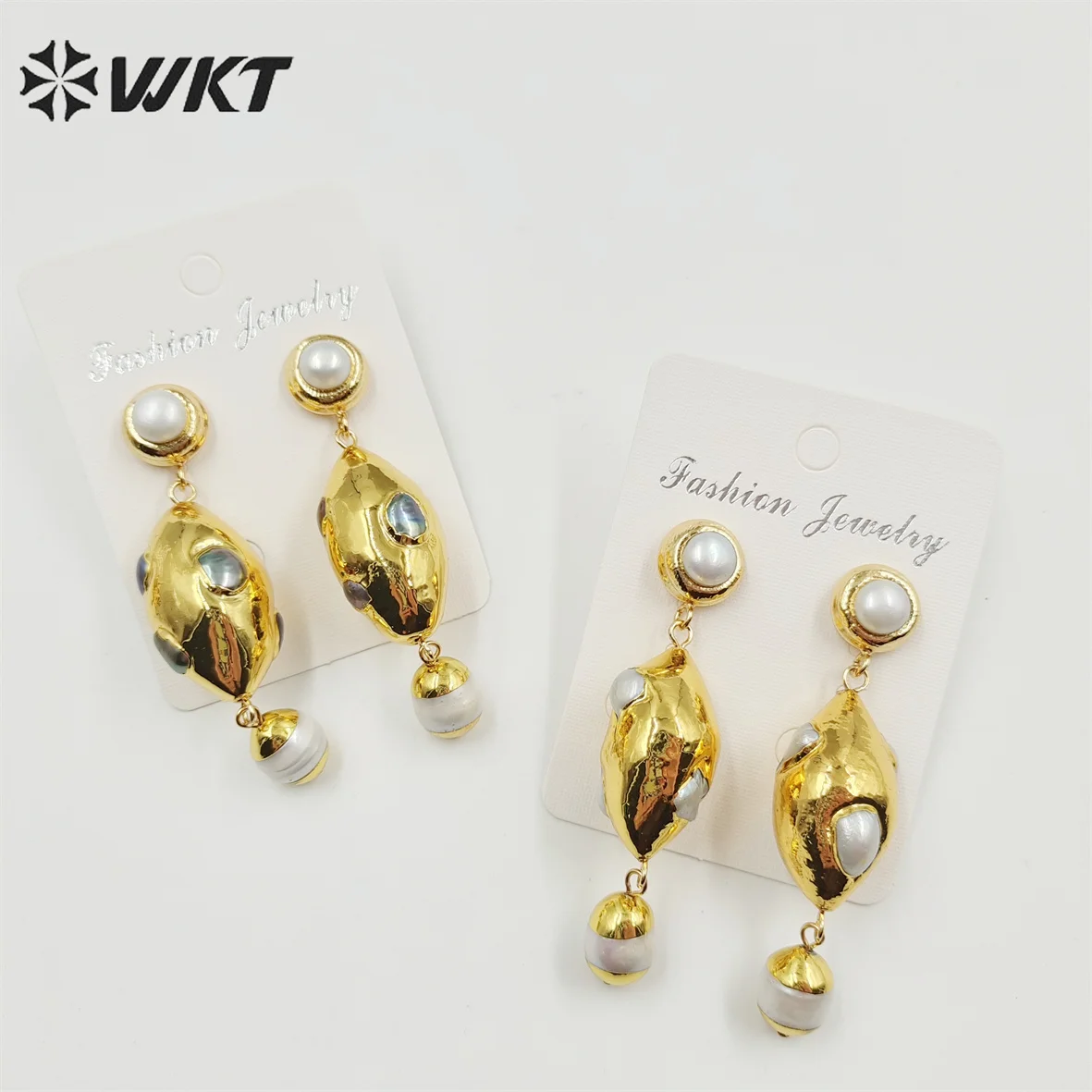 

WT-MPE087 WKT Новый дизайн овальной формы 18-каратного настоящего золота с покрытием из натурального жемчуга Женские драгоценные длинные висячие свадебные серьги ручной работы