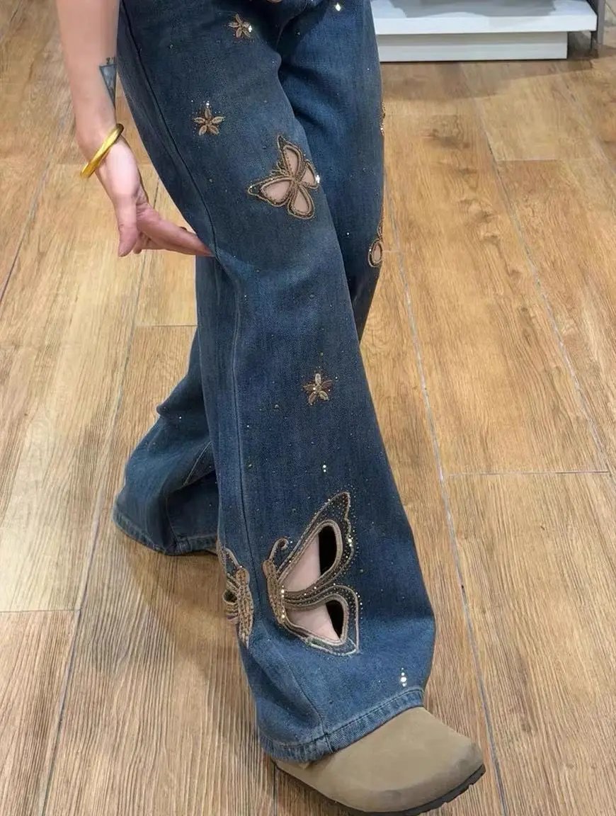 Y2K American Retro Blue Butterfly Hollowed Out Wide Leg Jeans Women Summer Thin High Waisted Loose Perforated Straight Leg Pants