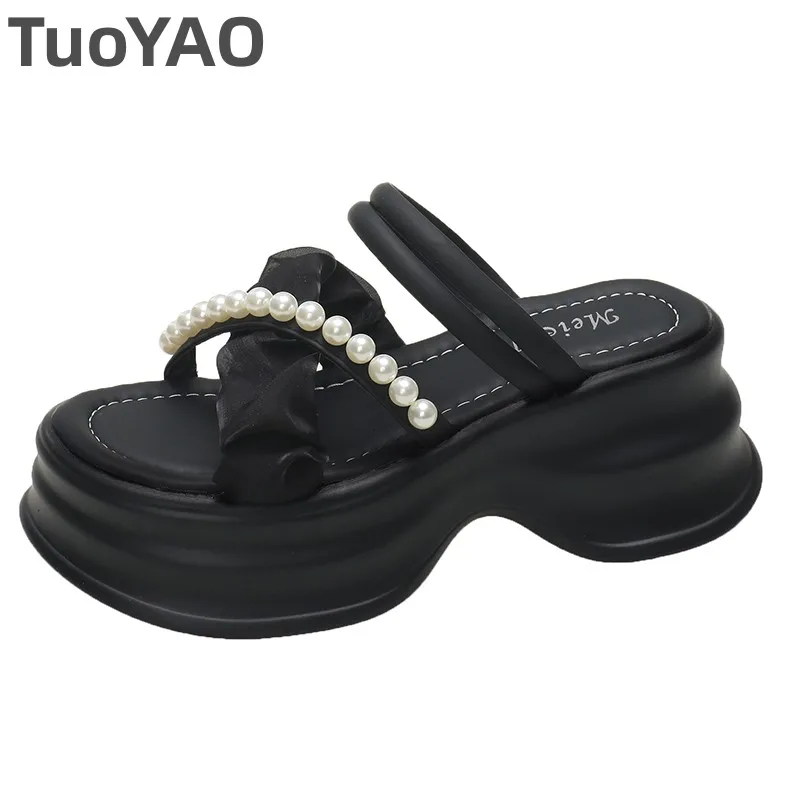 

Women Chunky Platform Sandals Fashion Pearl Strap Thick Bottom Slippers 2024 Woman New Summer Non Slip Beach Sandalias Mujer 7CM