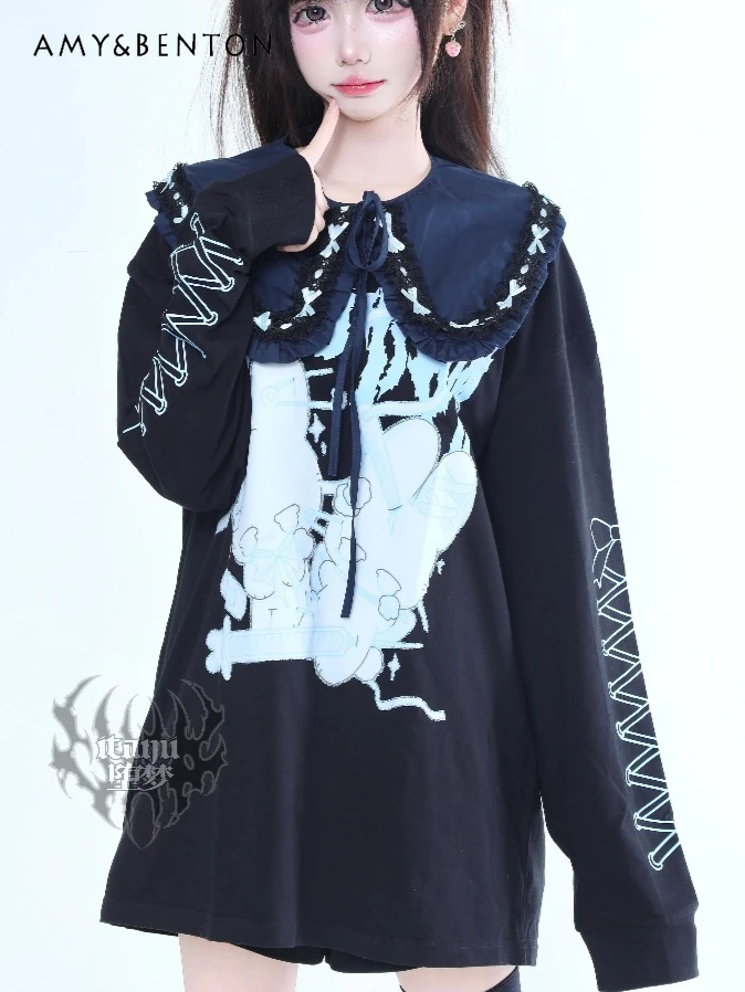 

Оригинальная хлопковая футболка с длинными рукавами и мультяшным принтом Subculture, готическая футболка в японском стиле, массовое производство, милая футболка большого размера для девочек