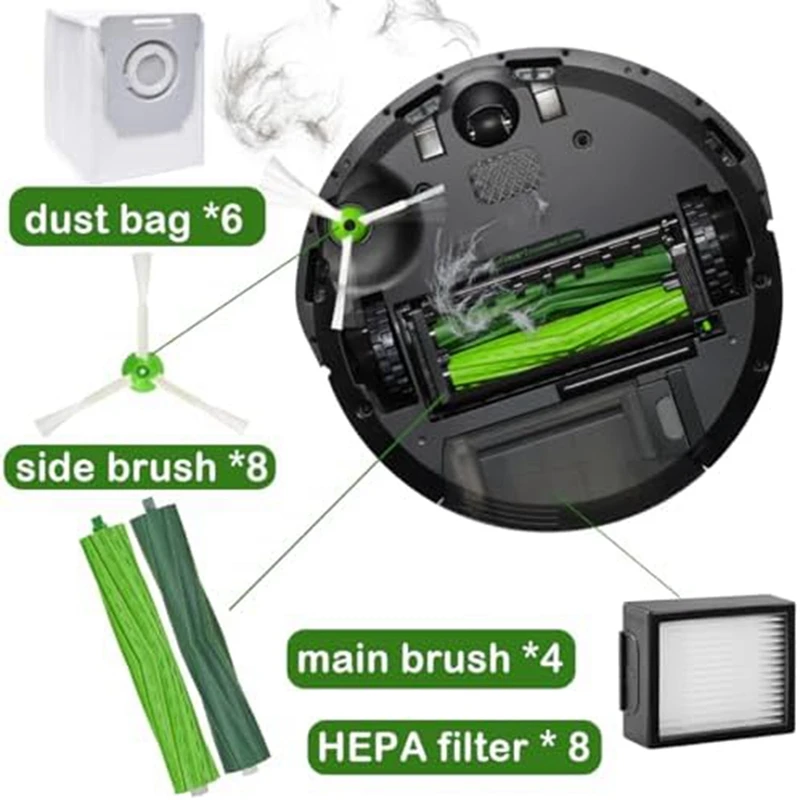 Części zamienne akcesoria do Irobot Roomba I7 + I3 + I4 + I6 + I8 + odkurzacz automatyczny, gumowe szczotki, worki do odkurzacza, filtry, szczotki boczne 1 zestaw