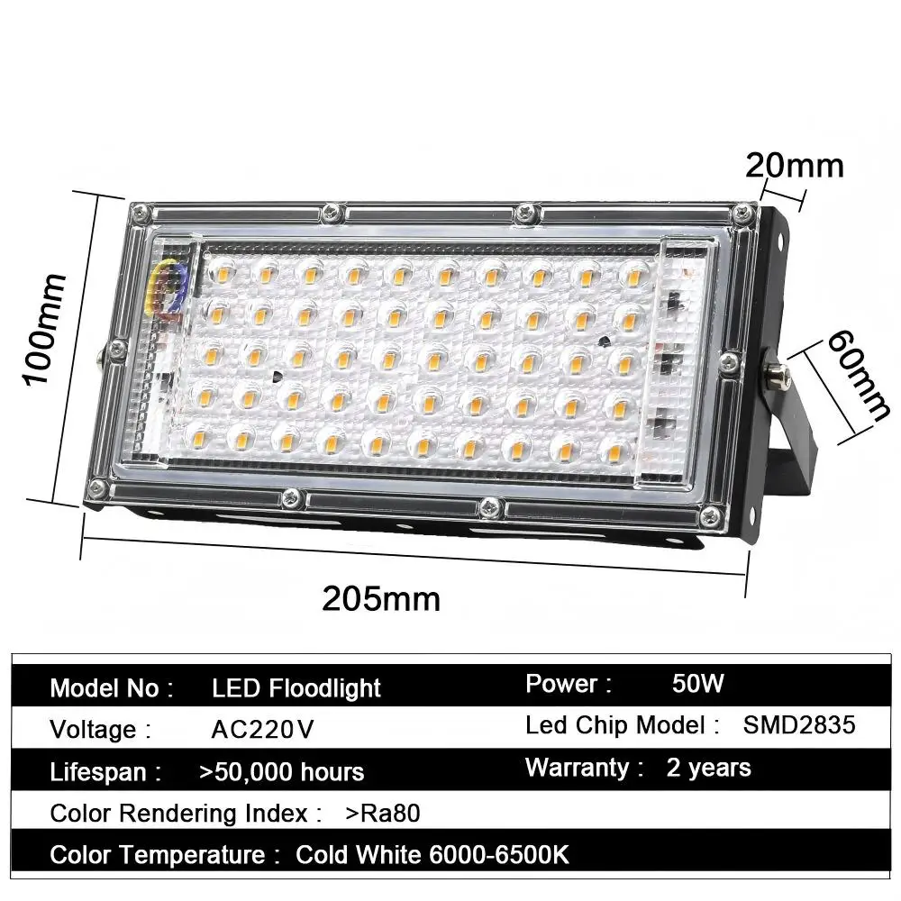 50W LED Flood Light IP65 Waterproof Outdoor Spotlight Wall Lamp with Reflector, Exterior Projector Lighting