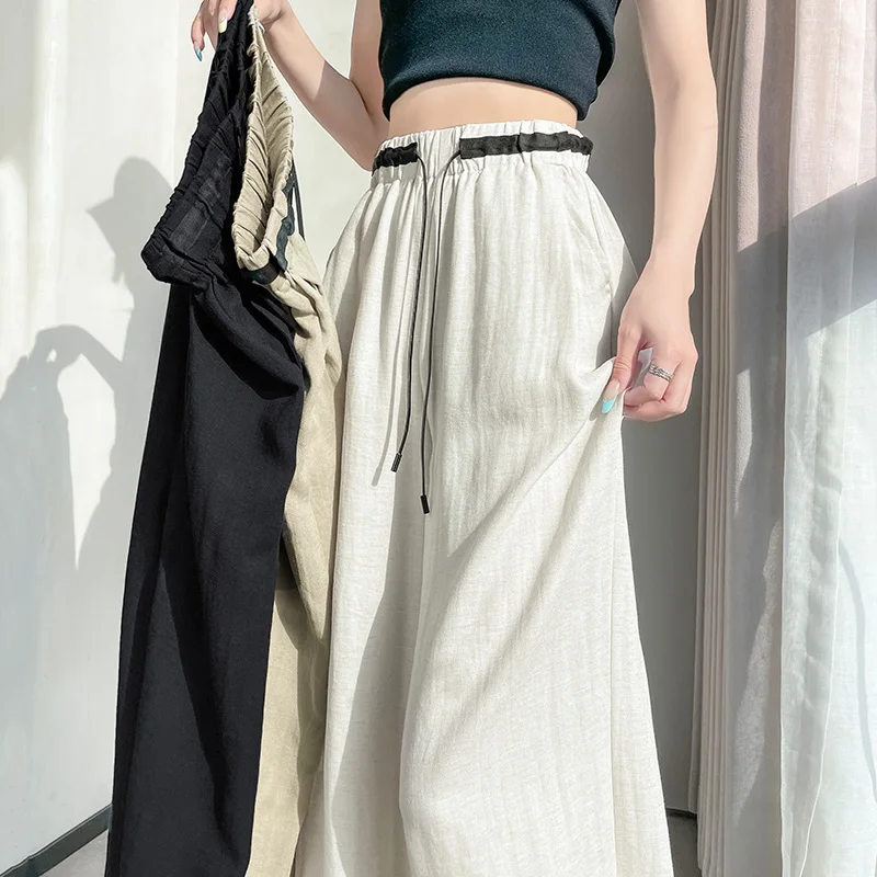 

Spring Summer Vintage Cotton and Linen Women's Wide Leg Pants 2025 New High Waist Solid Casual Loose Full Length Trousers Female