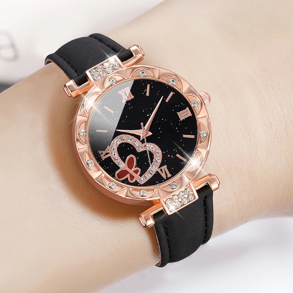 Simple Luxury Love Element Leather Black Strap Watch Casual Fashion Quartz Watch Is The Perfect Gift For Her (No Box)