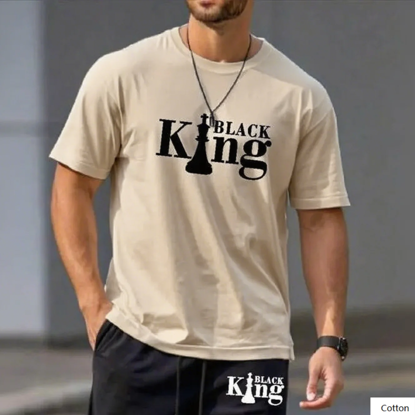 

Men's Daily Cotton T - Shirt with Black King Print A Must - Have for Chess Lovers and Those Into Unique Fashion Designs Durable