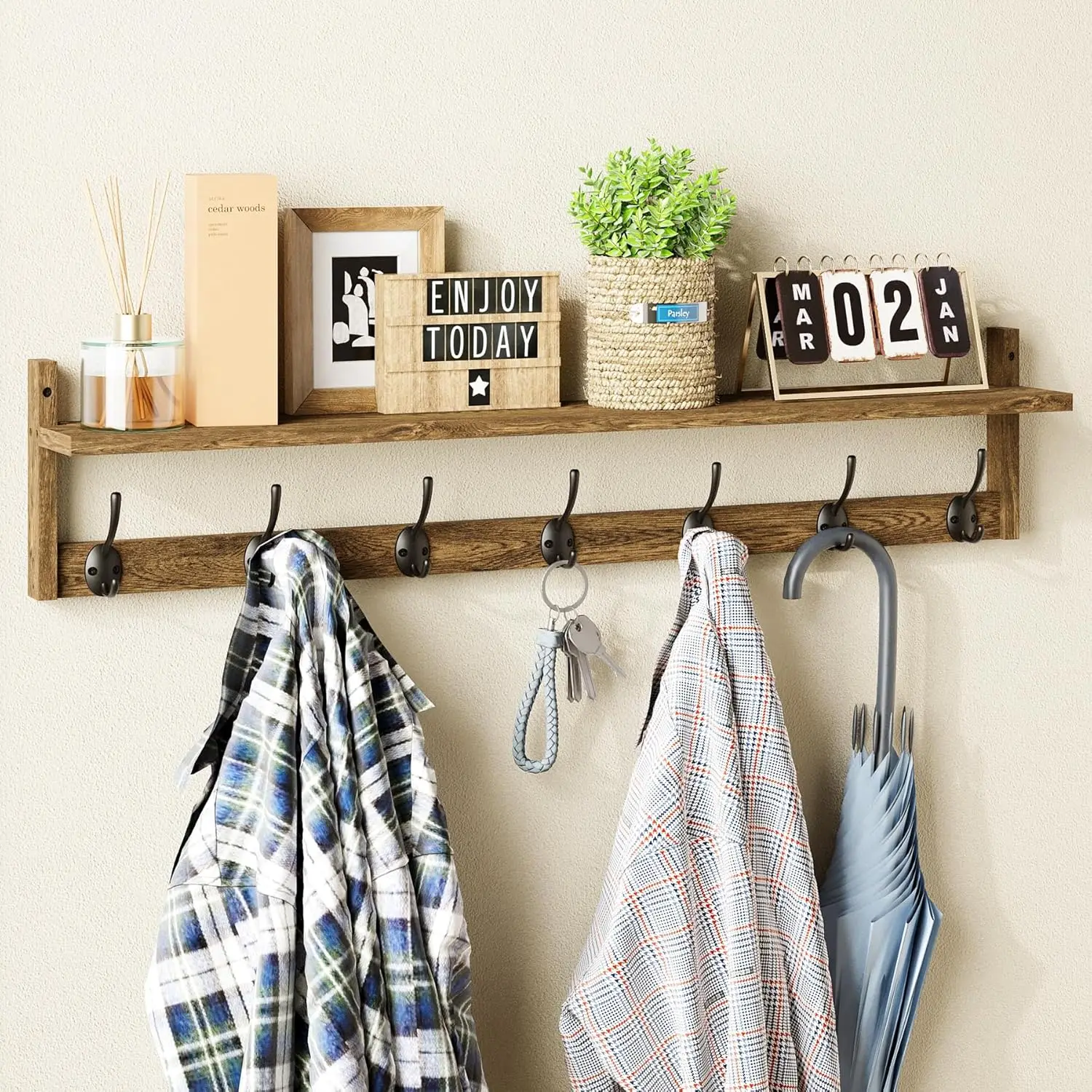

35" Wooden Wall Coat Rack with Shelf and 7 Metal Hooks for Entryway, Bathroom, Kitchen