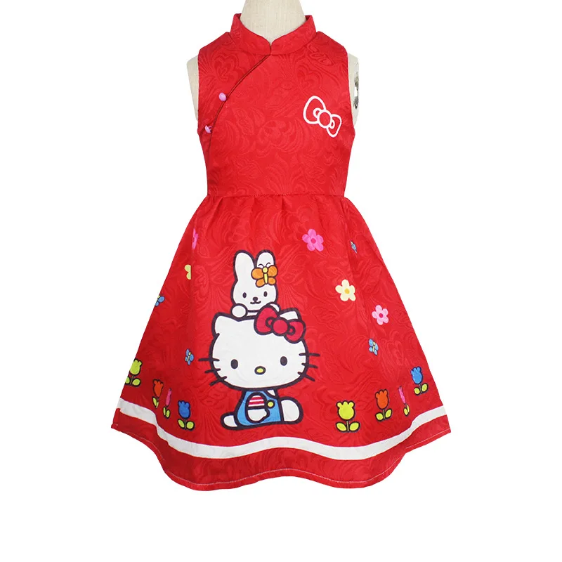 Hello Kitty Girls Dresses 2024 Summer Children Clothes Sleeveless Cartoon Printd Princess Dress Kids Cute Chi-pao Party Costumes