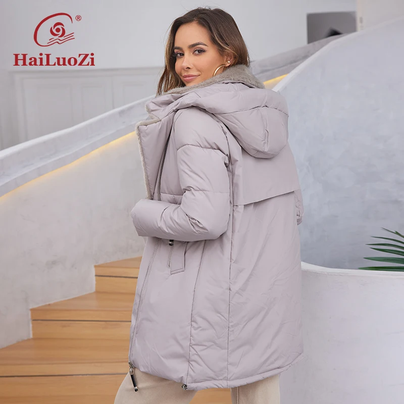 HaiLuoZi 2023 New Women\'s Jacket Short Warm Hooded With Fur Female Winter Outwear Slant Pockets Fashion Women Coat 1123