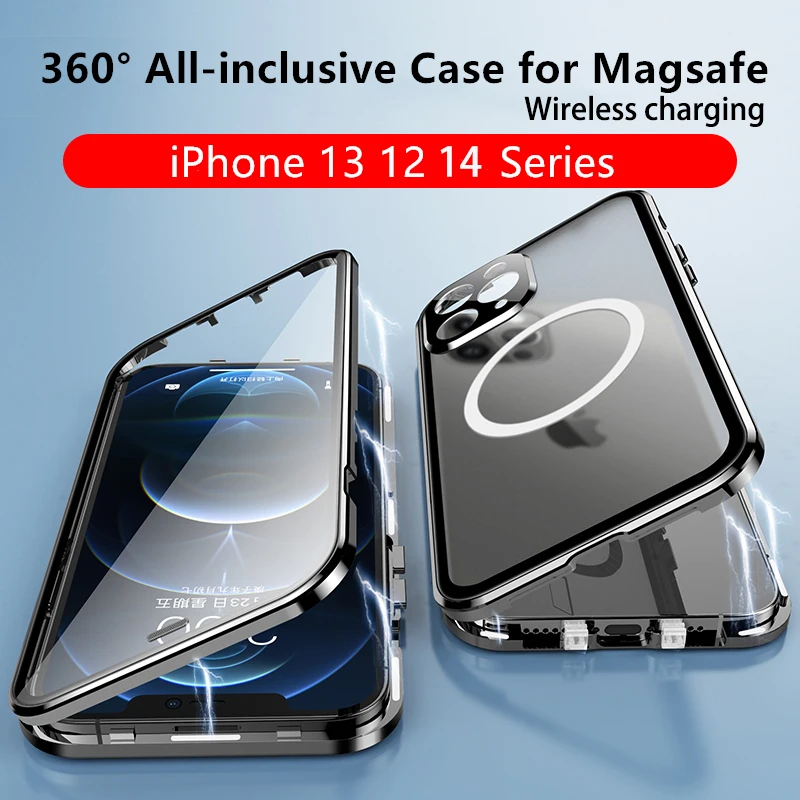 

For iPhone Metal Magnetic case iPhone 13 14 15 Pro Max Magsafe Wireless Charging 15 Pro 360 ° Sealed Glass Fall Protection Case