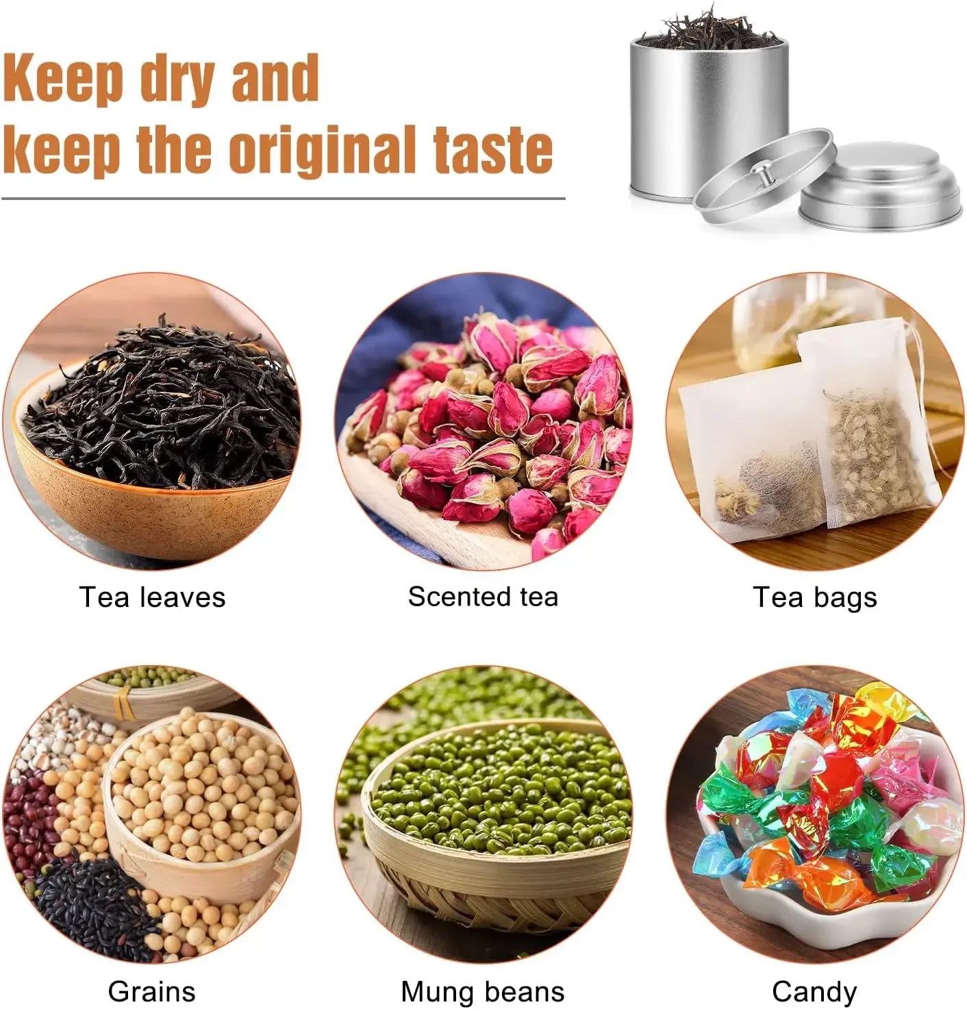 6PCS Tea Tin with Airtight Double Lids for Loose Leaf Tea Storage Kitchen Small Tin Can for Tea Coffee Sugar Candy Spices