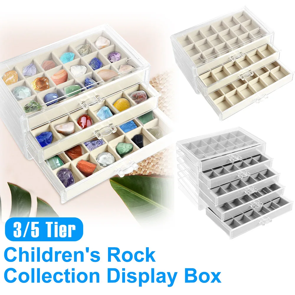 

3/5 Tier Rock Display Case Clear Rock Collection Display Case 54/90 Grids Large Content Rock Collection Box Multi-role Storage