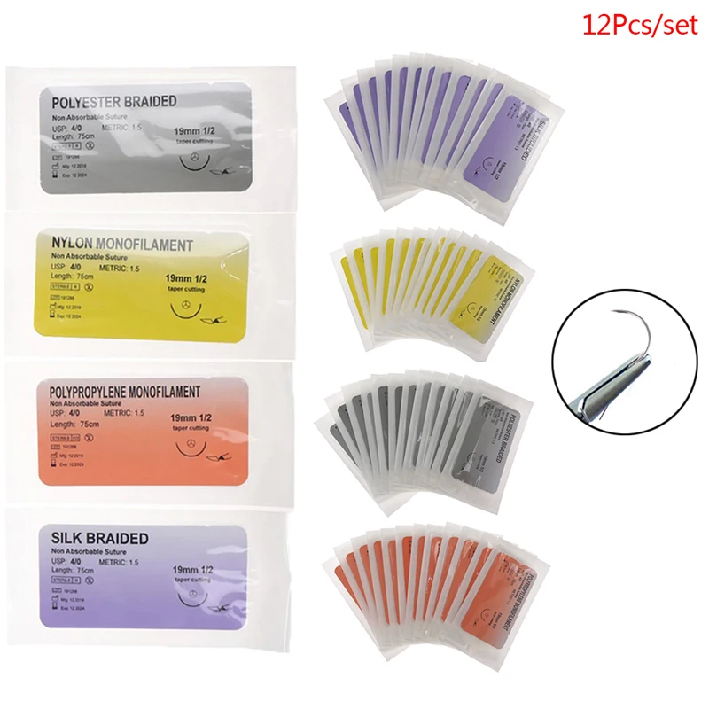 12Pcs/Pack 4/0 Medical Needle Suture Nylon Monofilament Silk Braided Needle Thread Suture Teaching Demonstrations Practice Kit