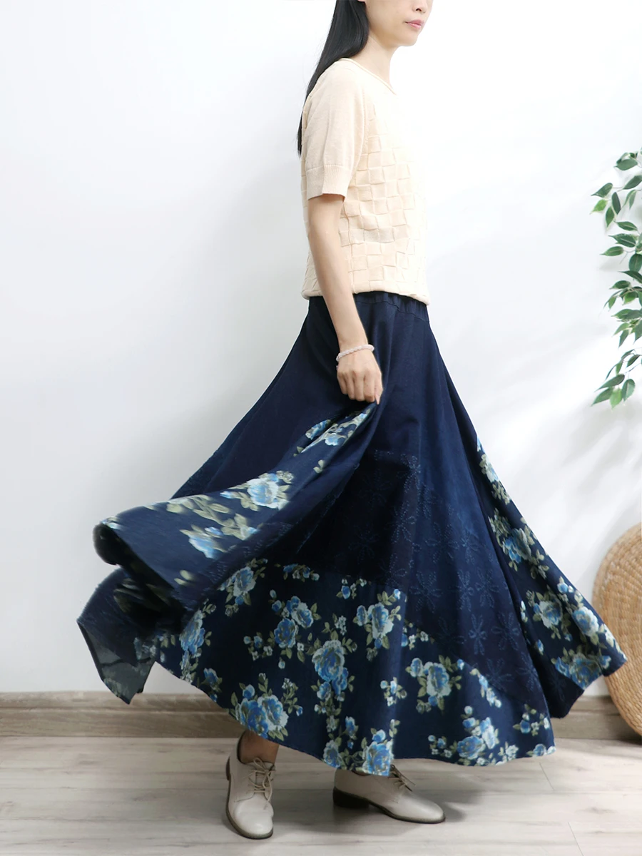 

TIYIHAILEY Women Long Maxi Printed Denim Skirt A-Line Elastic Waist Blue Jeans Autumn Winter 2024 New Fashion Ladies Clothing