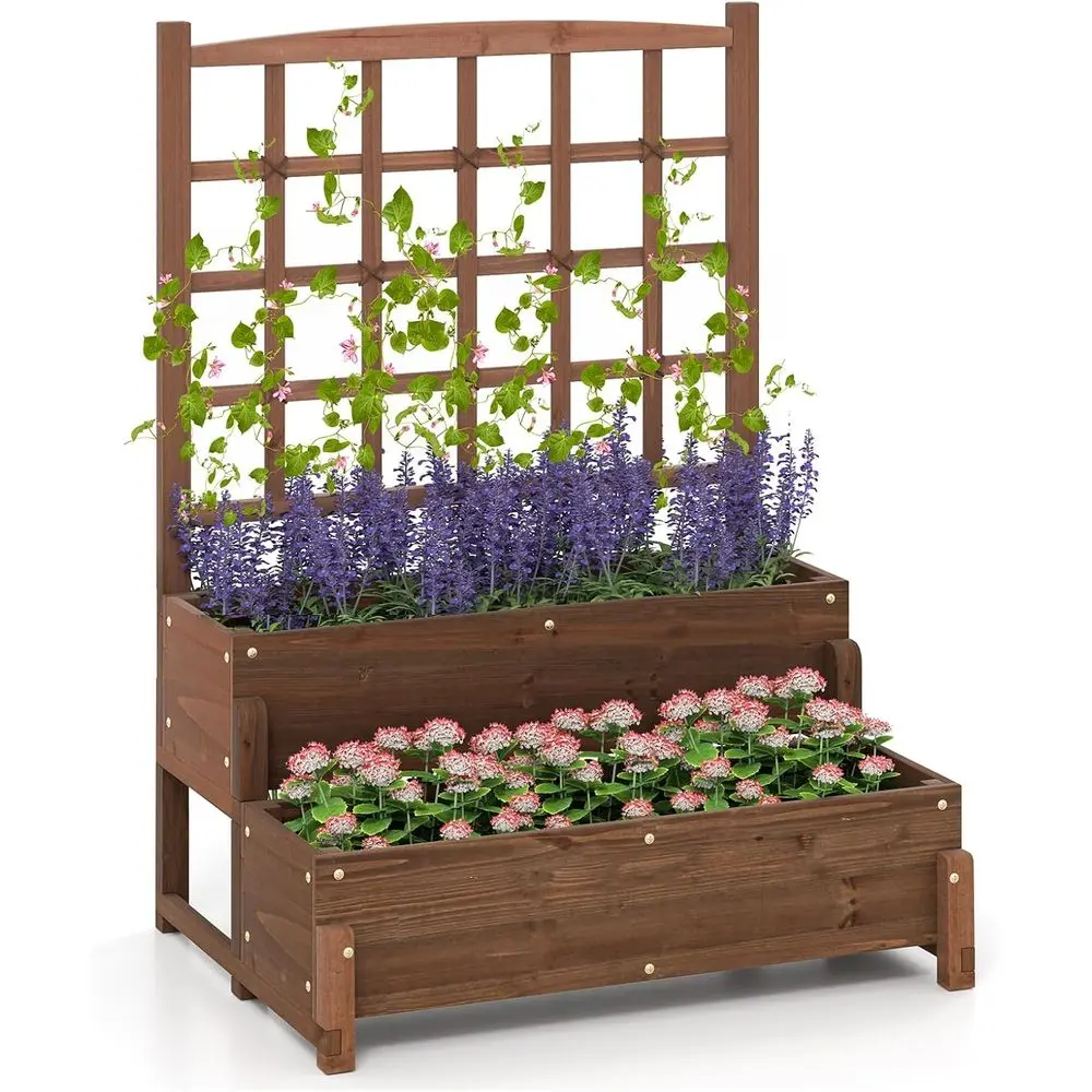 Raised Garden Bed with Lattice Trellis, 2-Tier Elevated Planter for Fruits, Vegetables & Climbing Plants - Ideal for Patio or Ba