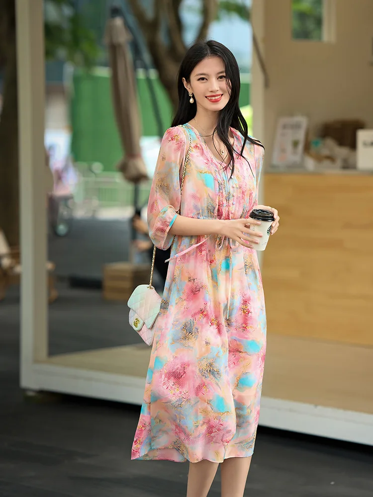 Winsleter-Vestido feminino elegante 100% seda real, meia manga com decote em V estampa floral, vestidos com babados franceses, novo verão 2025 D58267CC