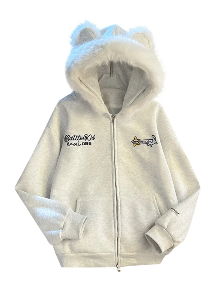 Thiened Fce Kapuzenpullover Ohr Warme Oberbekleidung Original Design Loose Fit Damen Herbst Winter Neu SLE Casual Ja...