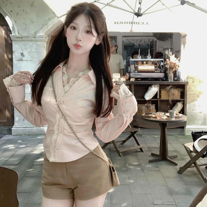MEXZT Kawaii Cropped Pink Shirts Women Streetwear Lace Patchwork Blouses Korean Fashion Cute Long Sleeve Slim Design Tops New - Image 6