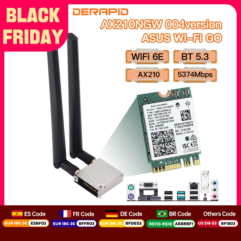 

Intel AX210 ASUS WiFi Go Network Adapter WiFi 6E Wireless Bluetooth 5.3 5374Mbps WiFi Card For Asus B550 X570 High Gain Antenna