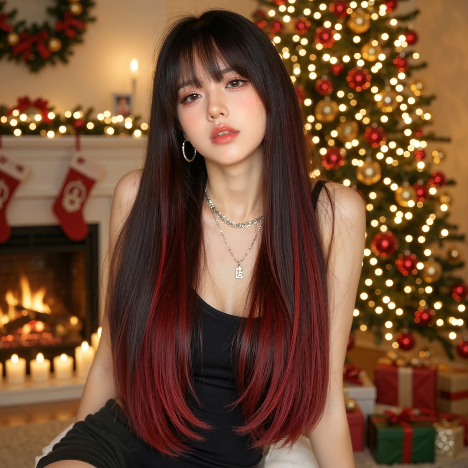 عيد الميلاد طويل مستقيم أسود أحمر تسليط الضوء على الباروكات الاصطناعية مع الانفجارات للنساء البيض لوليتا تأثيري حزب اليومية مقاومة للحرارة #1