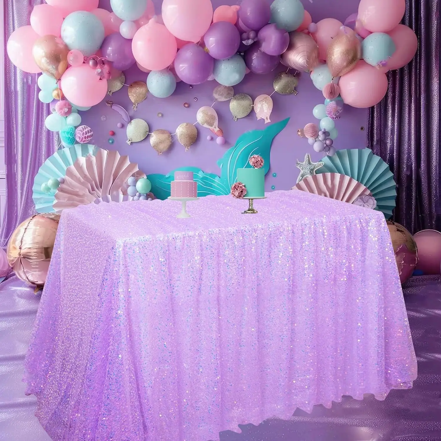 Lavender Sequin Tablecloth Sequin Iridescent Table Cover Sparkly Lavender Table Cloth for Mermaid Birthday Party Decorations
