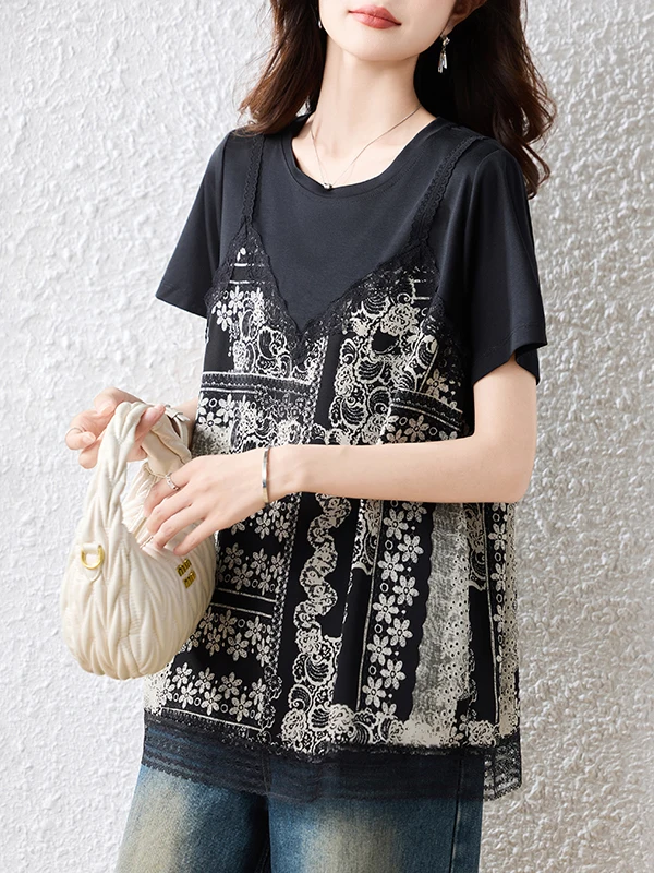 

Faionable Versatile Floral Print ort Sve 2025 Summer New Design Sensation Dr T-irt Small irt round Ne