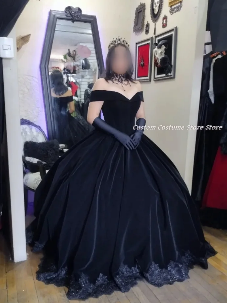 

Customized Gothic Style Diablo Prom Dress Snap Shoulder Princess Velvet Beaded Applique Sleeveless Evening Dresses