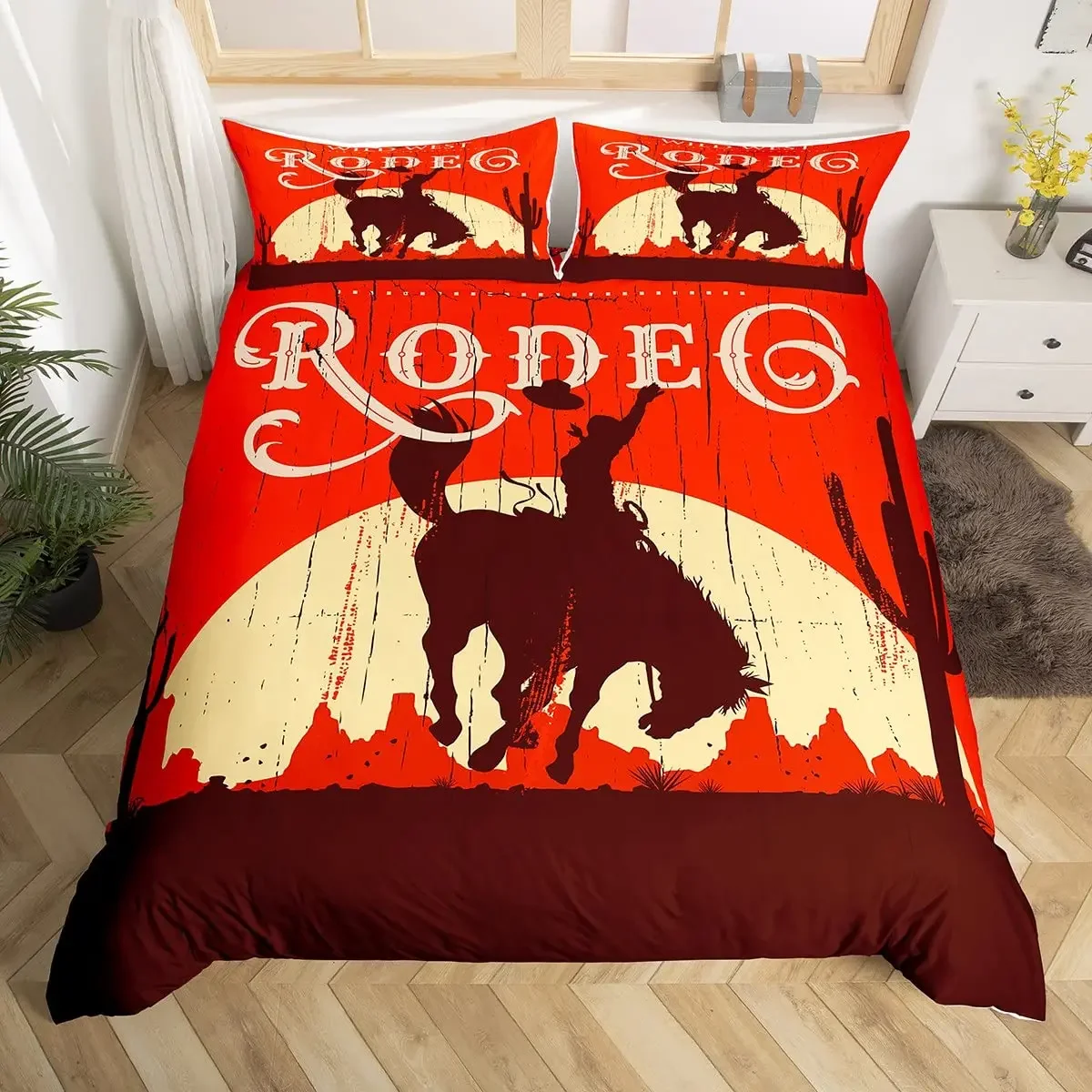 Conjunto de capa de edredão de cowboy ocidental, vintage equitação touro de madeira sinal antigo deserto no pôr do sol imagem estilo retro conjunto cama king size