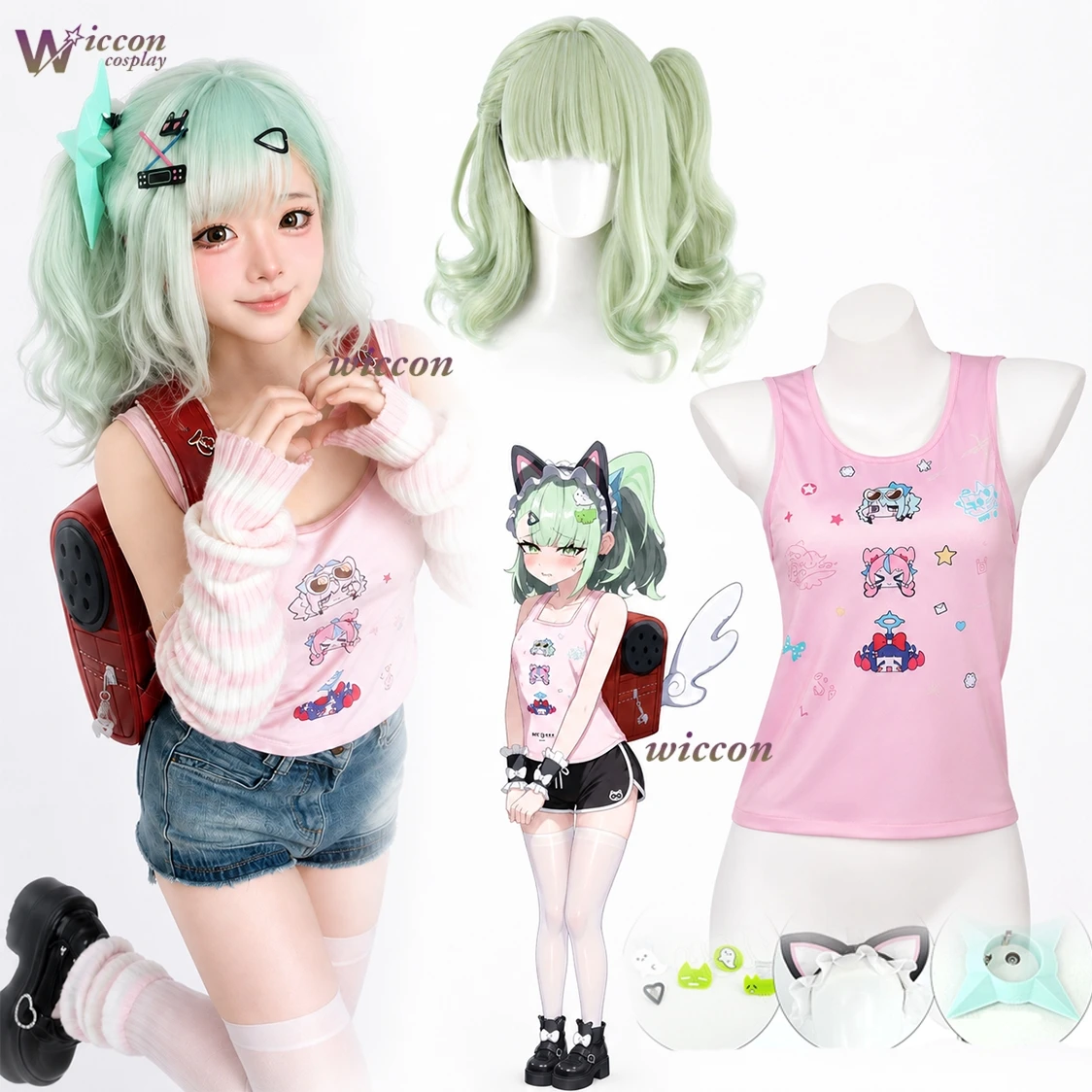 Zenless Zone Zero Sunna Cosplay Pink Printed Camisole White Skirt Red Suspenders Cat Ear Bell Headband Full Set Halloween