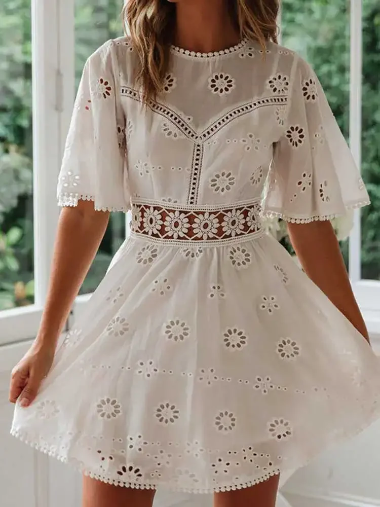 WildPinky Flare Sleeve Cotton White Lace Dress Women Casual Ladies Summer High Waist Short Dress Backless Hollow Out Vestidos