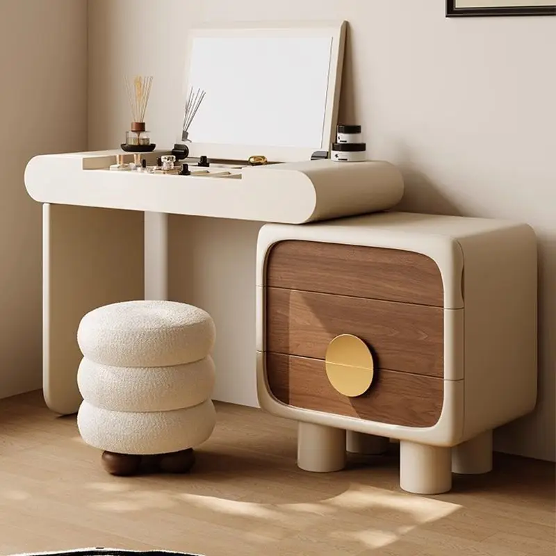 

Dresser, chest, integrated cream wind thickened small apartment, new flip cover makeup mirror, solid wood retractable