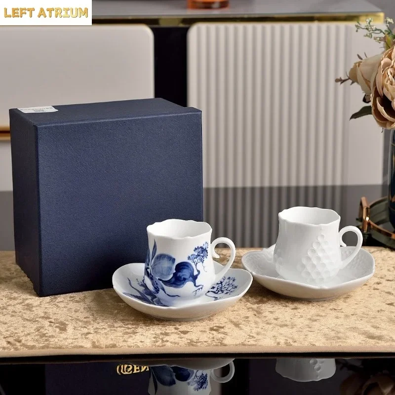 European Mason Style Porcelain Afternoon Tea Cup Set White Embossed Ink Orchid Coffee Cup With Saucer Elegant Gift