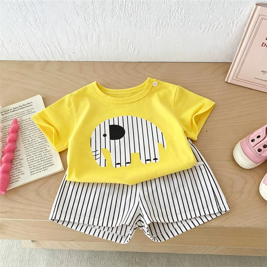 Boys And Girls Summer Costume Lovely T-shirt+Shorts Two Piece Set Cartoon Crewneck Tees Loose Shorts Toddler Fashion Outfits