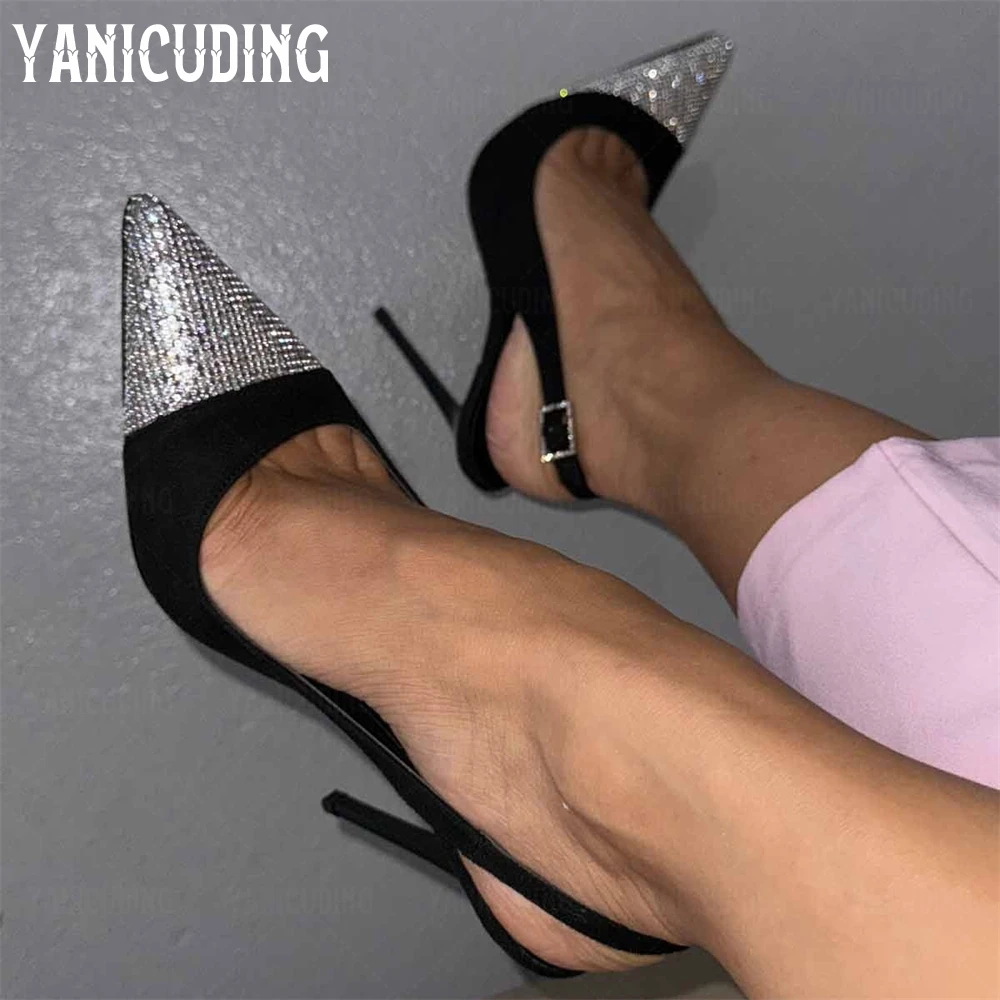 

Black Satin Rhinestone Pumps Pointed Toe Slingback Stiletto Heels Luxury Shiny Crystal Stilettos Customized Color Handmade Heels
