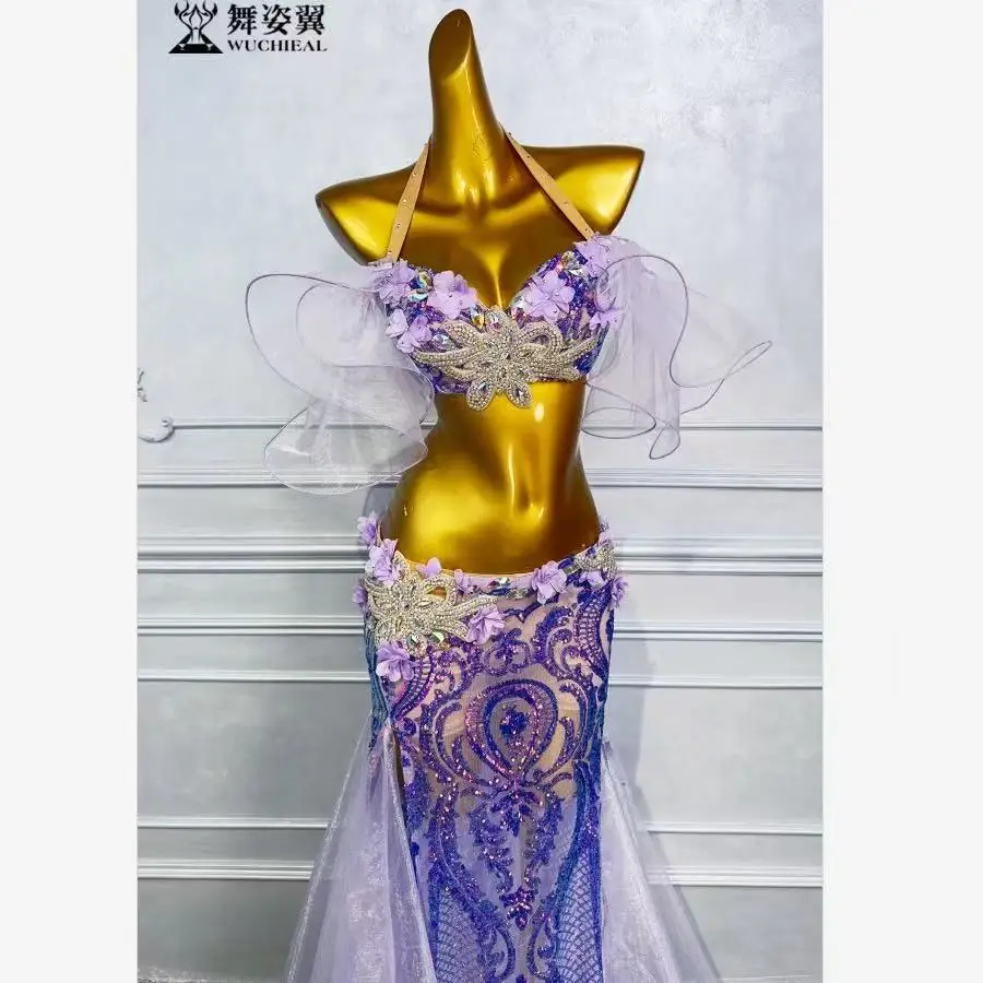 

Костюмы для танца живота, фиолетовый бюстгальтер, топ, длинная юбка, комплект из 2 предметов, одежда для восточной танцовщицы, сценическая одежда, 2025 г., сексуальная вечеринка, фея, косплей