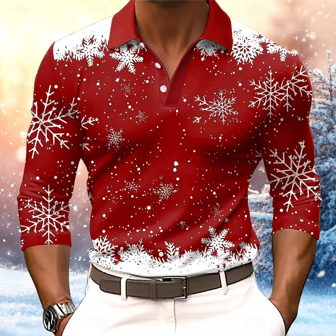 

Новая мужская рождественская рубашка-поло со снежинками, дышащая рубашка-поло с 3D принтом, элегантный стиль, удобная одежда для вечеринок