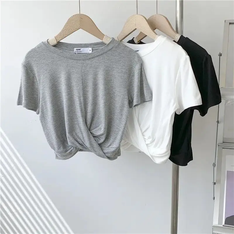 Slimming Effect Modal Knot Short Sleeve T-Shirt Women's Summer Thin Pure Color Top Body Shaping Slim Fit round Neck Short Length