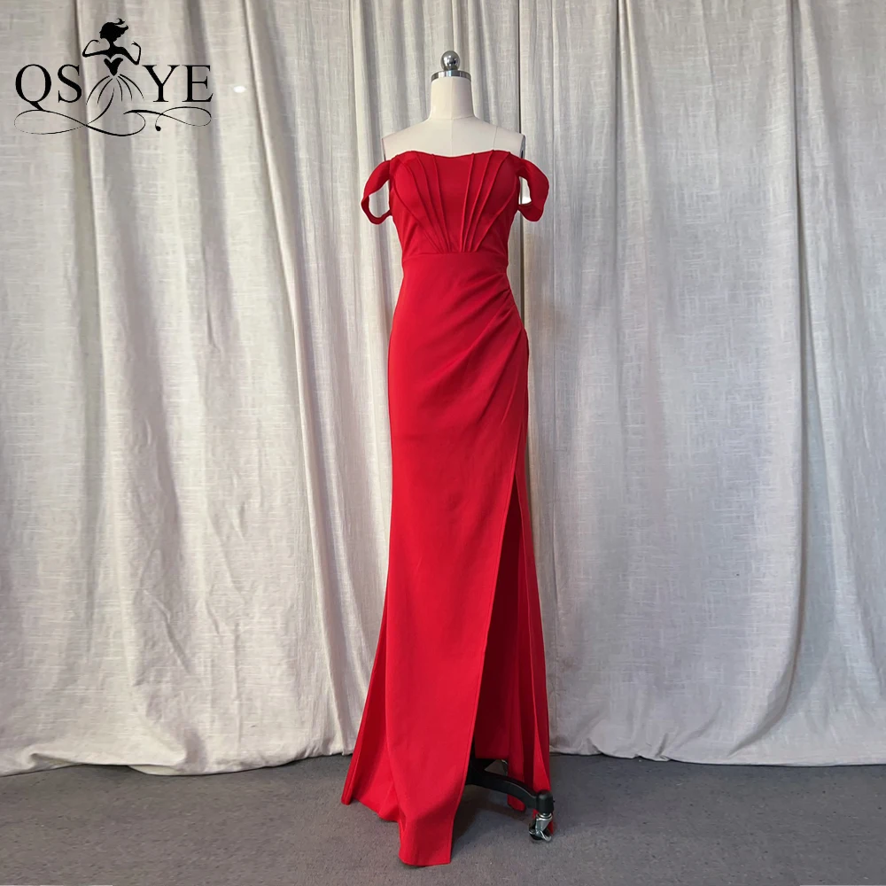 Off Shoulder Bright Red Evening Dresses Side Sleeves Ruched Split Long Prom Gown Stretch Satin Girl Red Party Dress Bridesmaid