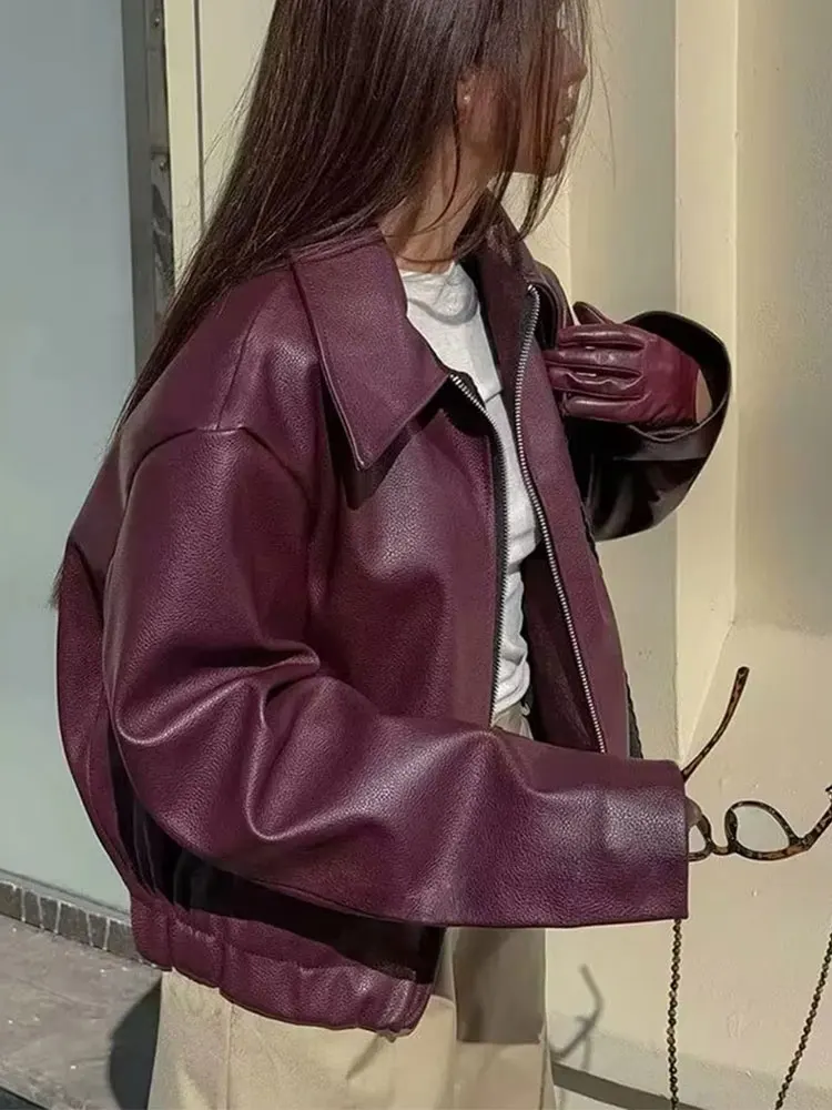 HH Women Autumn Fashion Burgundy Faux Leather Jackets Zipper Casual Lapel Long Sleeves Coat Female High Street PU Outerwear
