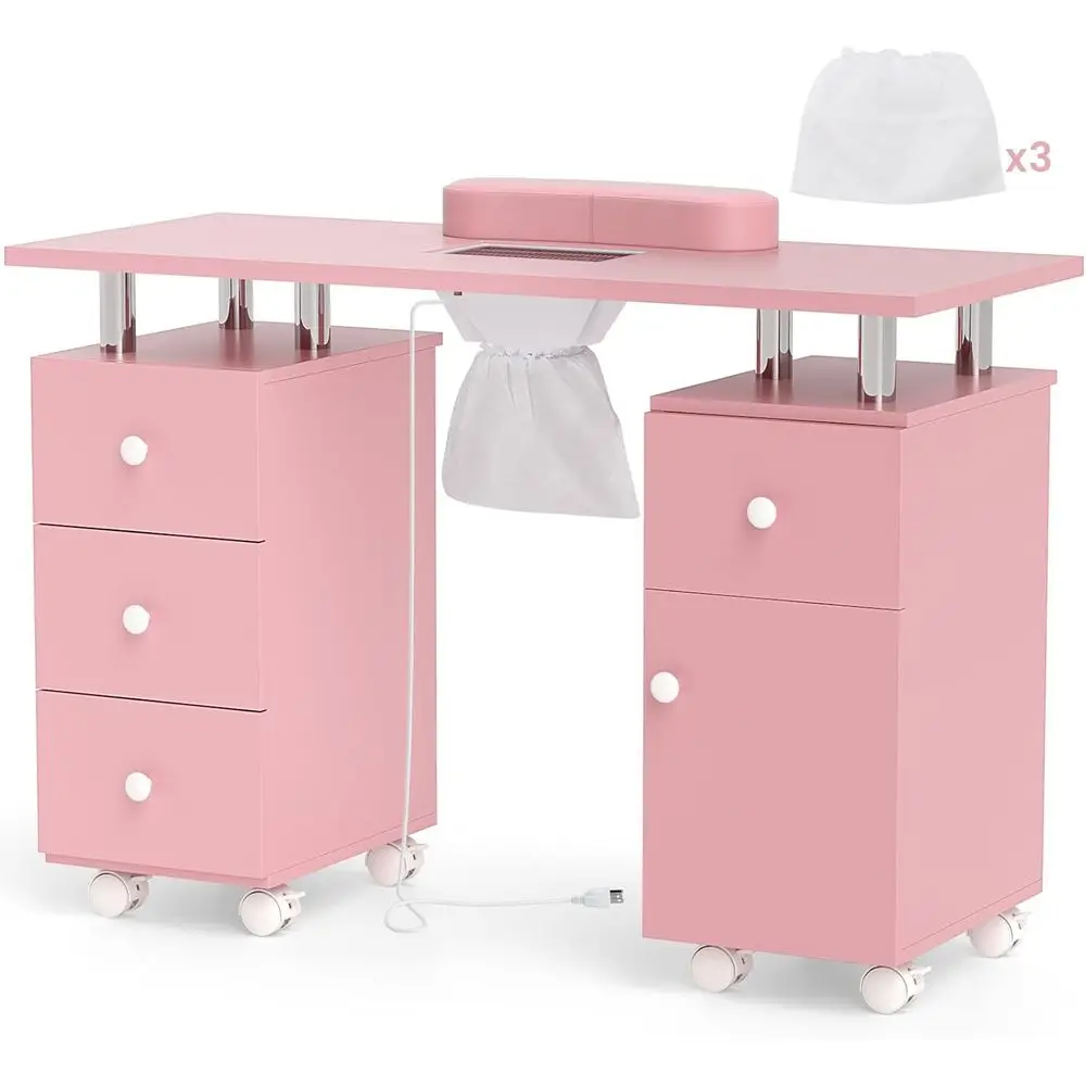 Portable Manicure Table with Dust Collector, 3 Bags, and Soft Cushion, Mobile Nail Technician Desk with Silent Wheels for Home S