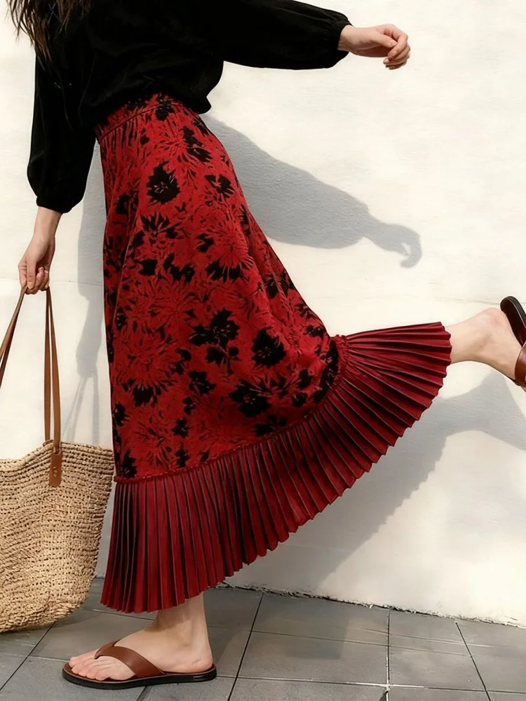 Vintage Floral Red Long Skirt Women High Waist Sweet Pleated Patchwork Skirts Fall Winter Elegant Retro Female Slim Long Skirts