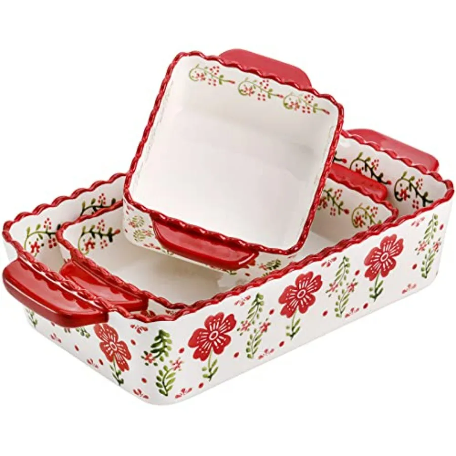 

3 Pack Ceramic Baking Dishes, Rectanglar Bakeware Set Hand-painted Lasagna Pan Porcelain Serving Bakeware for Pasta, Chicken, Ki