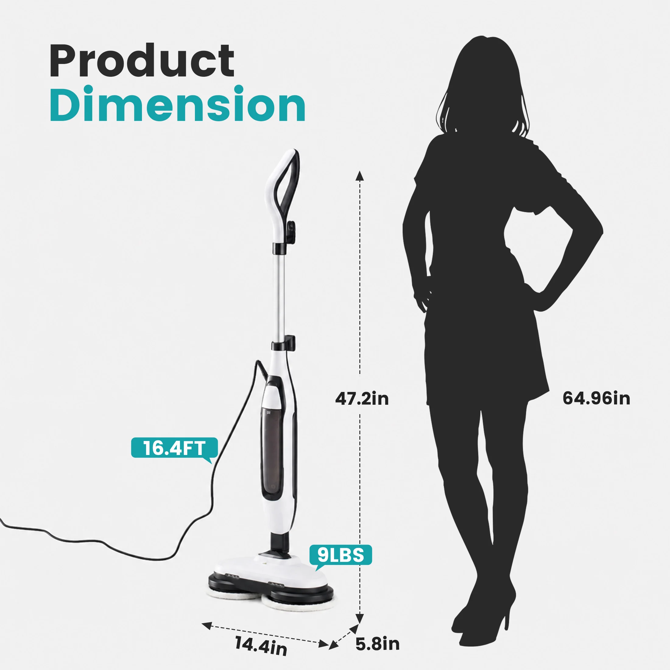 MCQ Spin Scrubbing Steam Mop All-in-One Floor Steamer 4 Adjustable Steam Modes 2 LED Lights Swivel Steering 16.4FT Cord for Hardwood Tile