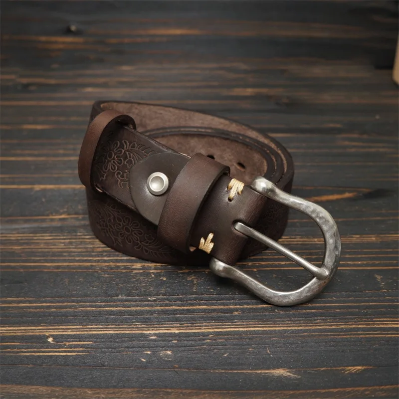 Men's thickened pure steel hand-carved color-brushed retro belt versatile casual top layer pure cowhide belt