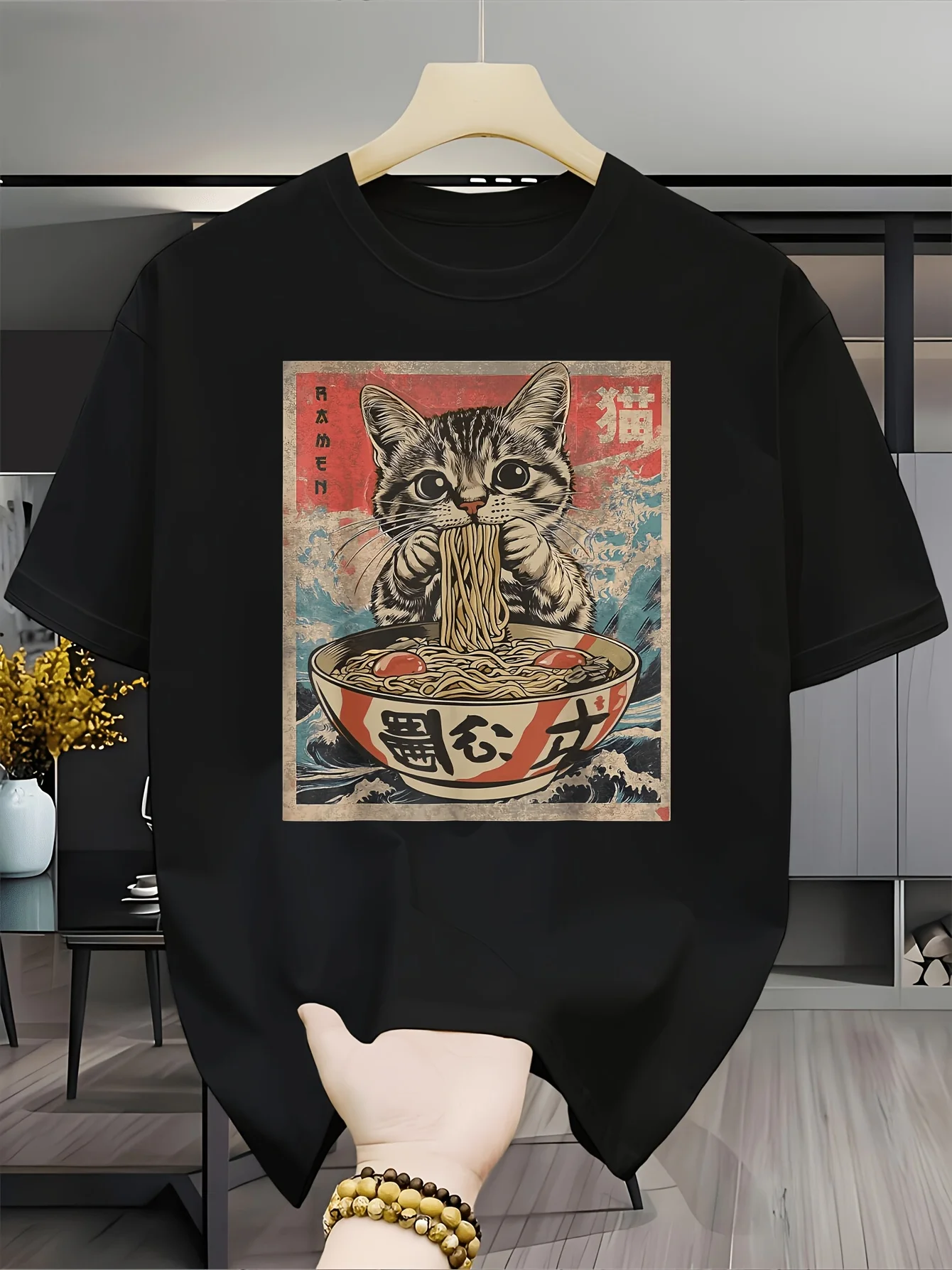 Japanese Cat Eating Ramen T Shirt Funny Anime Graphic Tee Vintage Ukiyo E Style Summer Top Casual Fashion Shirt For Men Women