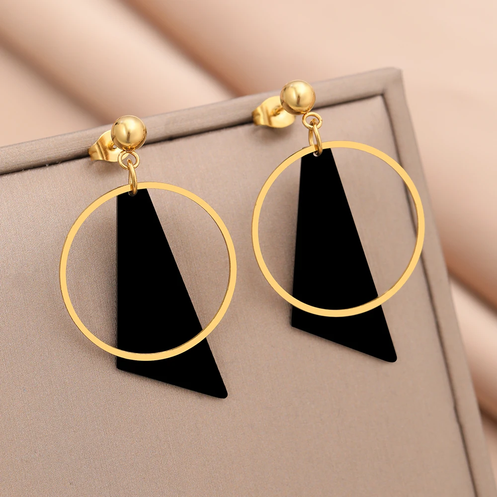 Stainless Steel Earrings Simple Geometry Pendant Creative Stitching Black Color Dangle Earrings For Women Jewelry Banquet Gifts