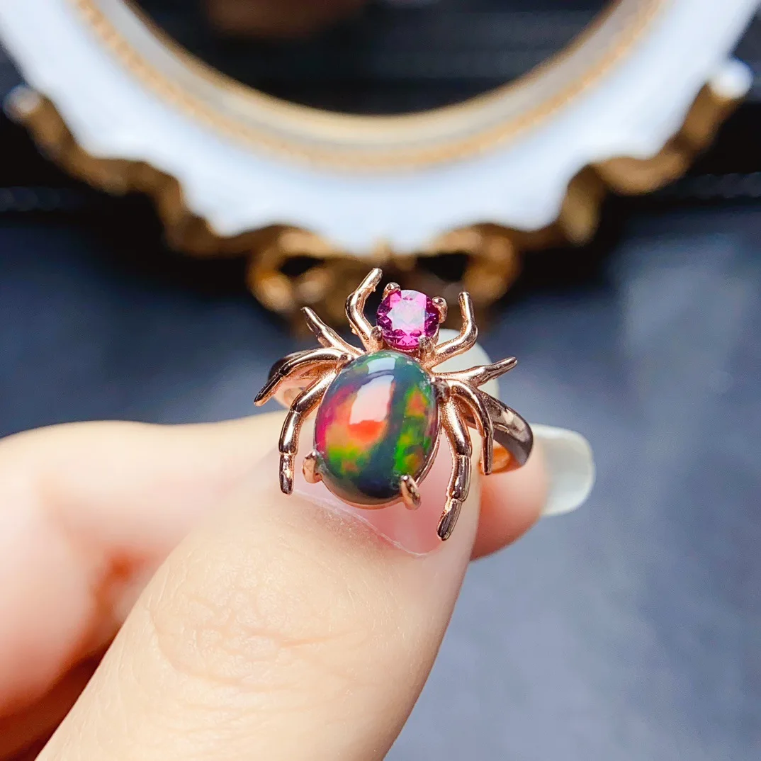 8*10mm Real Gemstone S925 Sterling Silver Fine Charm Natural Opal Spider Ring Weddings Birthstone Animal Jewelry for Women