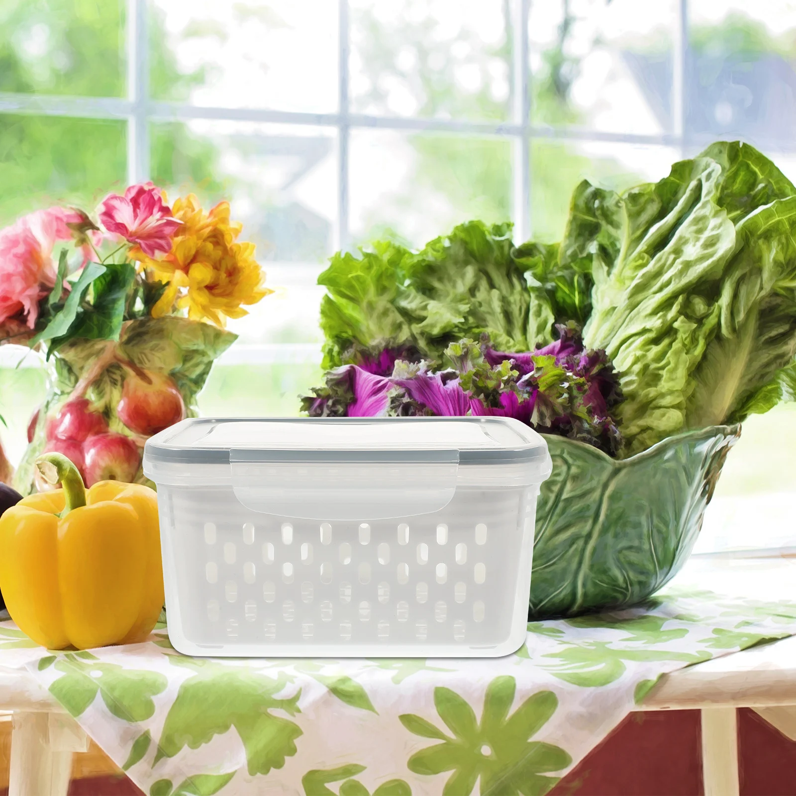 

1 set Refrigerator Organizer Box Set with Drain Baskets Food-Grade Airtight Containers Transparent Double- Bins