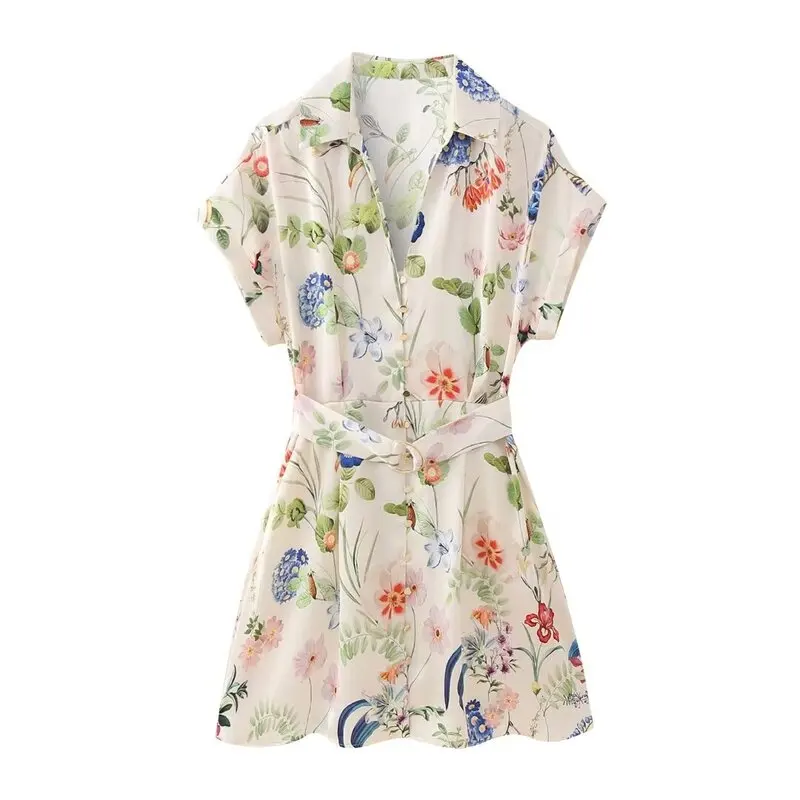 فستان نسائي قصير من الحرير الساتان بطبعة زهور مع حزام خصر عالي الجودة بأكمام قصيرة قطعة واحدة أنيقة موضة ربيع 2024