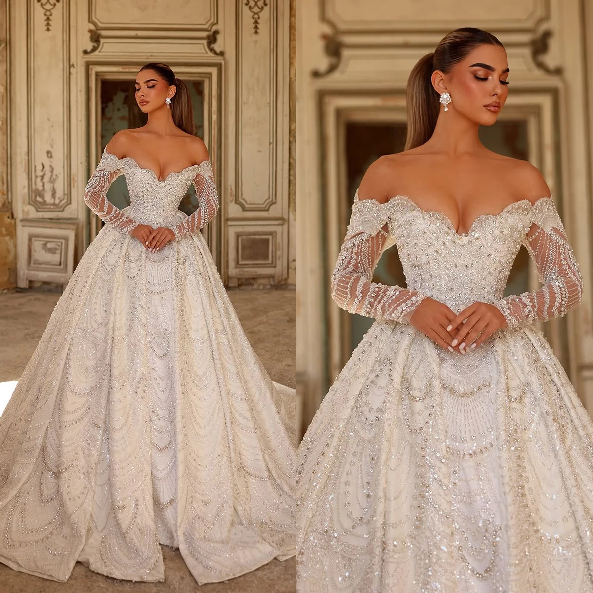 

Luxury Wedding Dresses Crystal Sequins Bridal Ball Gowns Off Shoulder Pearls Long Sleeves Customized Bride Vestidos De Novia