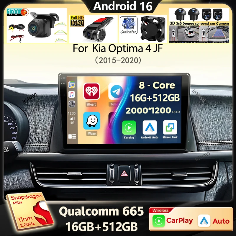 Radio para Auto con Android 16 y Carplay para Kia Optima 4 JF 2015 2016 2017 2018 2019 2020, Reproductor Multimedia GPS, Estéreo, 4G+WiFi, BT, DSP